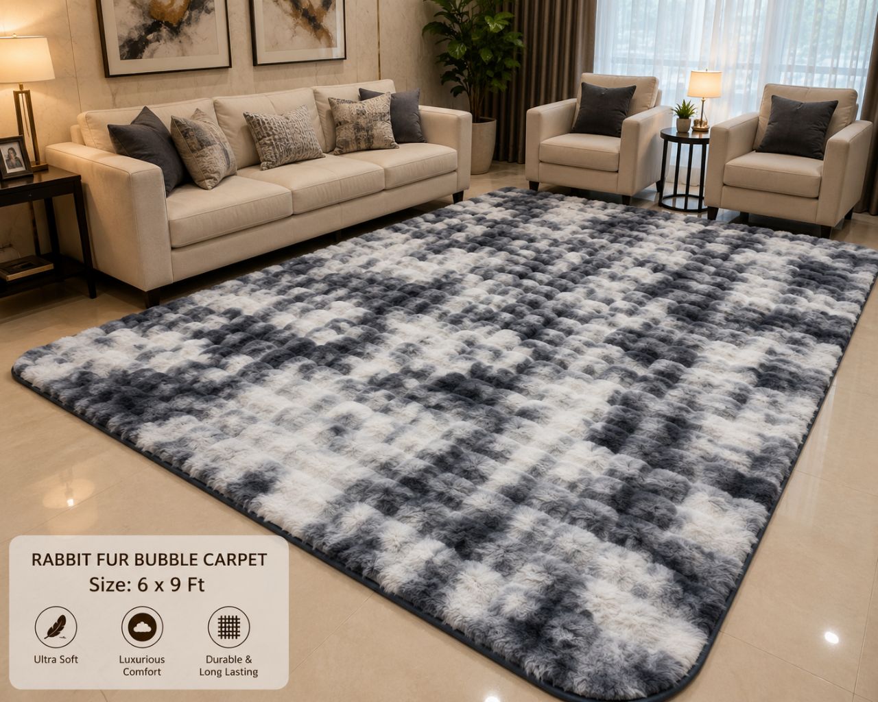 LUXURY Rabbit fur Bubble Carpet SIZE 6*9 FEET view 3