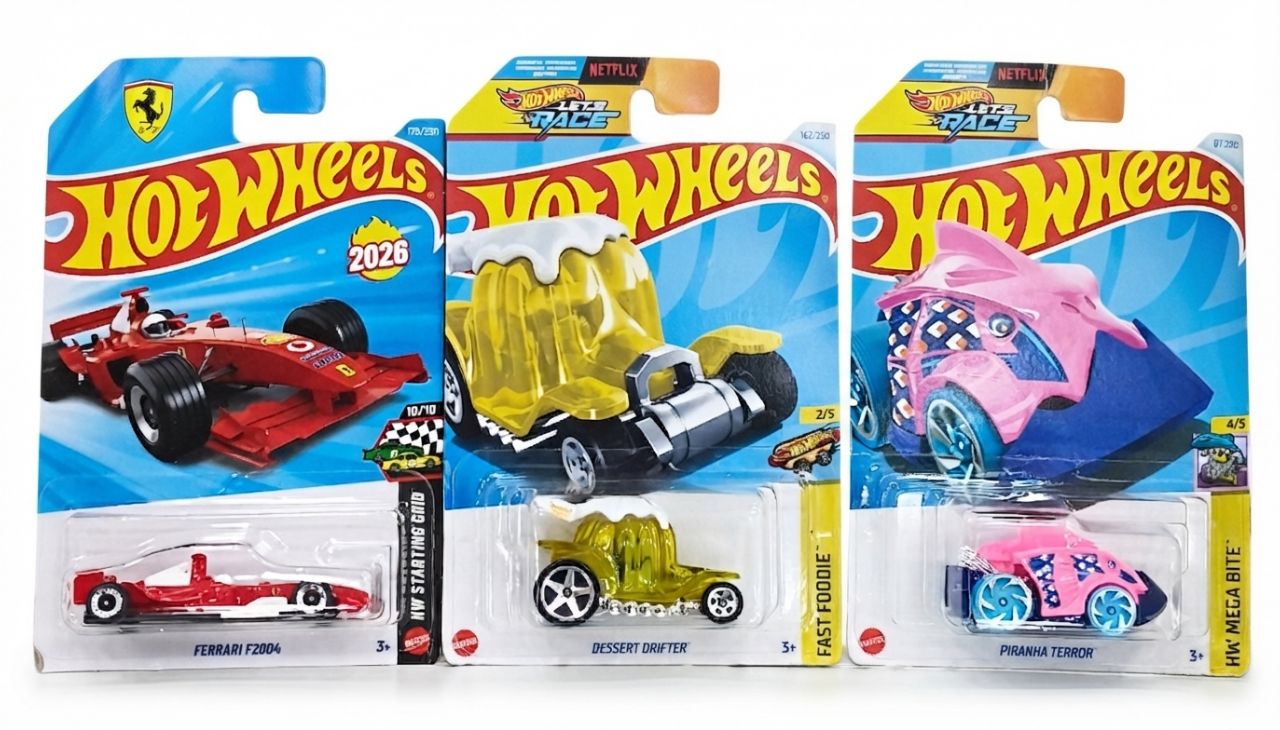 Hot Wheels 2026 Mainline Bundle – Ferrari F2004 + Dessert Drifter + Piranha Terror