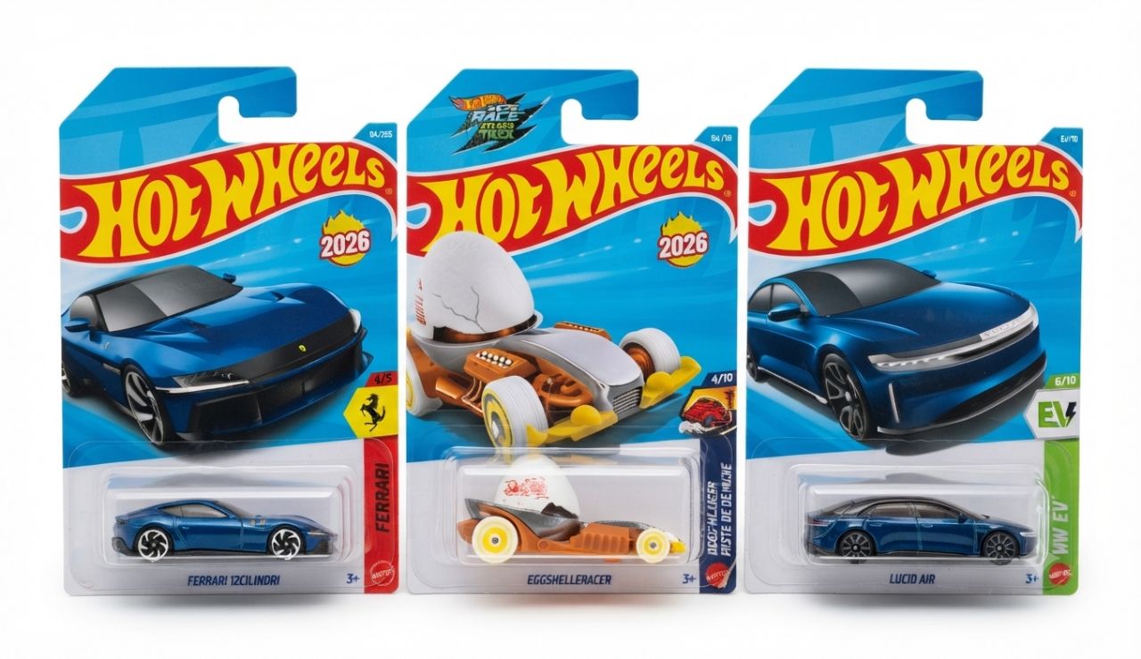 Hot Wheels 2026 Mainline Bundle – Ferrari 12Cilindri, Eggshell Racer & Lucid Air