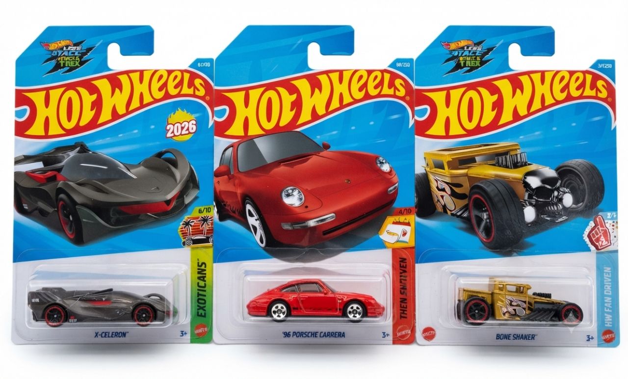 Hot Wheels 2026 Mainline Bundle – X-Celeron, '96 Porsche Carrera & Bone Shaker
