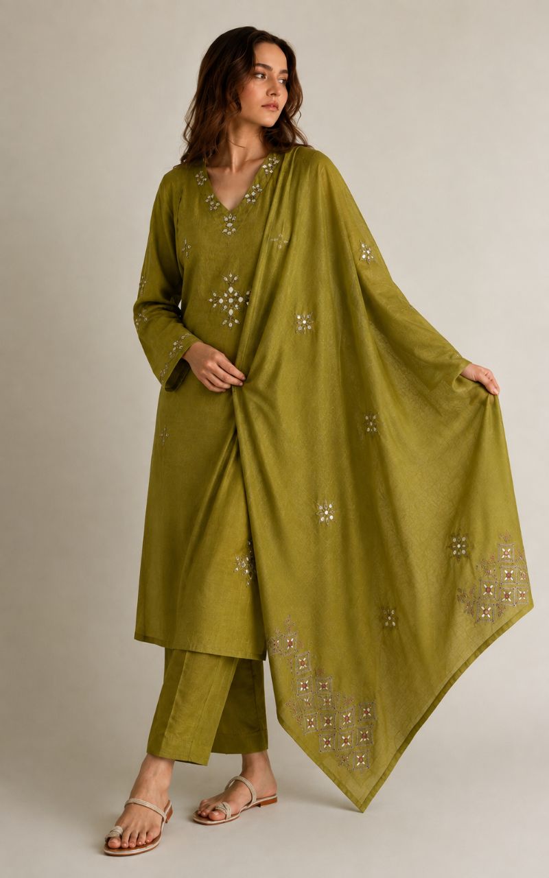 Dark olive green mul cotton with mirror embroidery - L view 3
