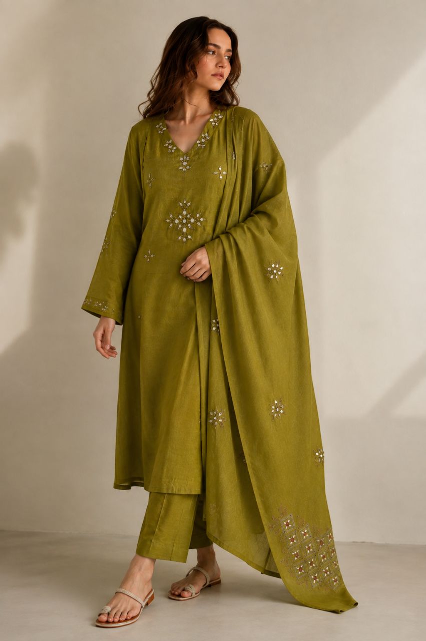 Dark olive green mul cotton with mirror embroidery-XL view 2