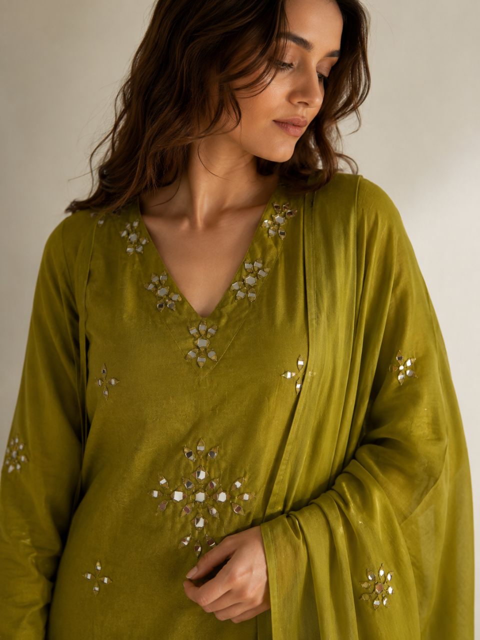 Dark olive green mul cotton with mirror embroidery 2XL view 3