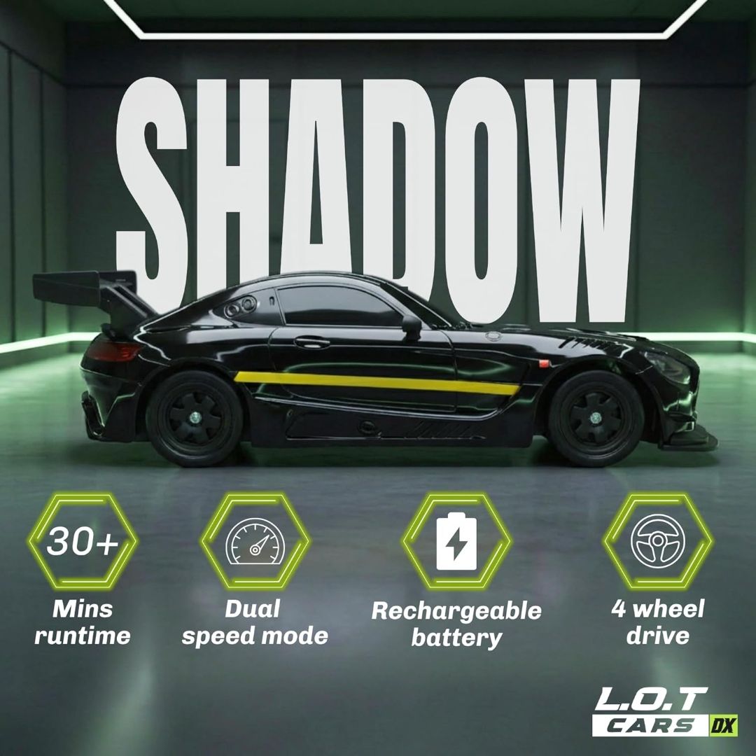 Shadow RC Drift Car | 4WD 20Kmph, 2.4Ghz 100m Long Range Remote, Race-Ready ABS Body, Proportional Steering, Multi-Mode LED Lights (Asphalt Black) view 2