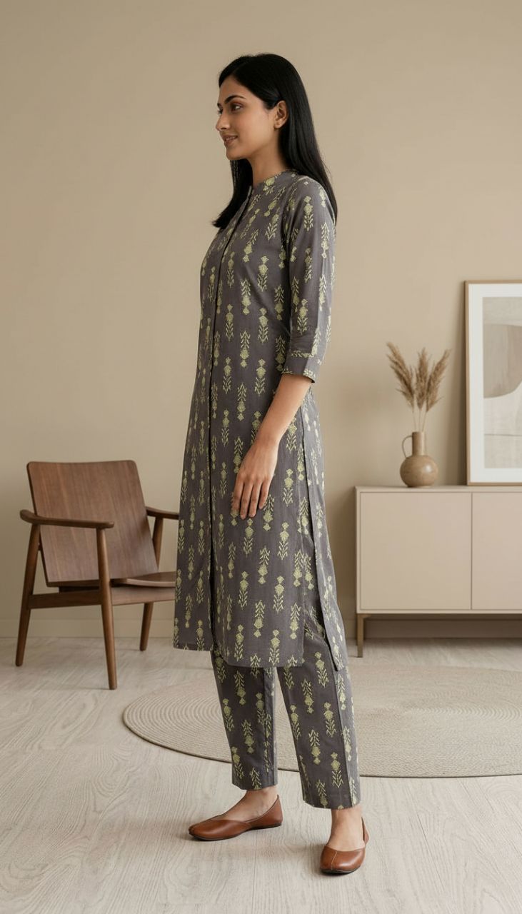Elegant Grey Printed Kurta Set view 3