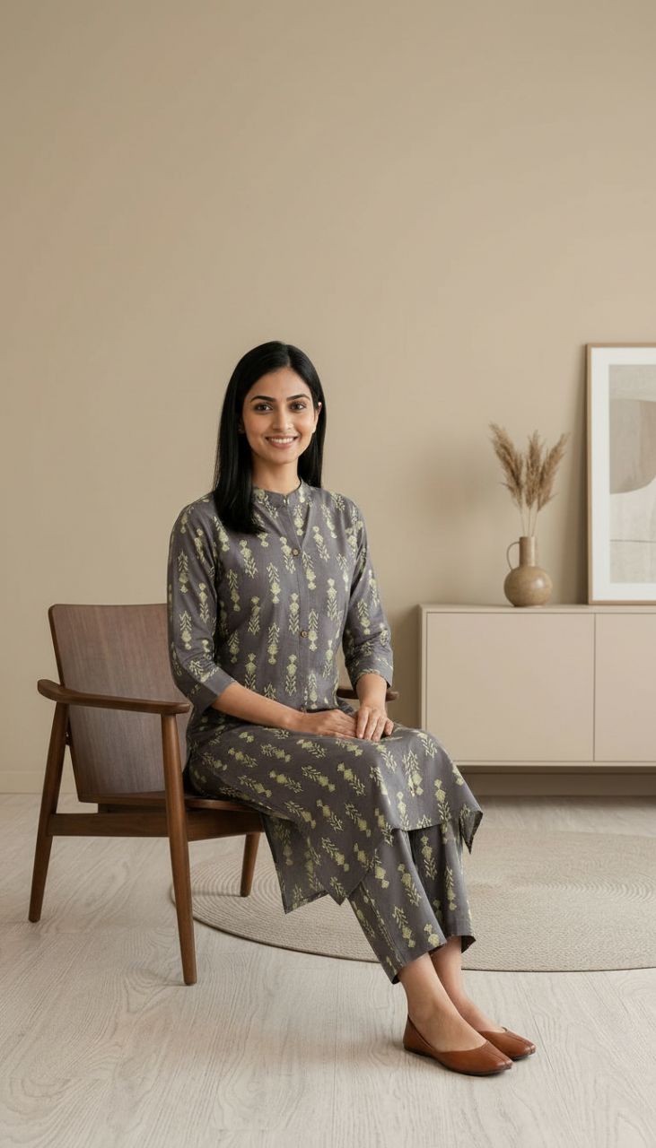 Elegant Grey Printed Kurta Set view 2