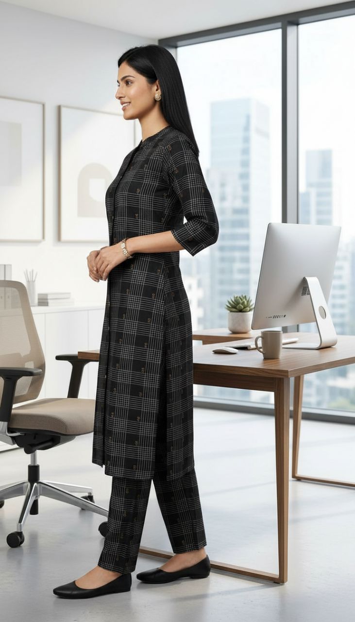 Fashnet Black Checkered Kurta Set view 2