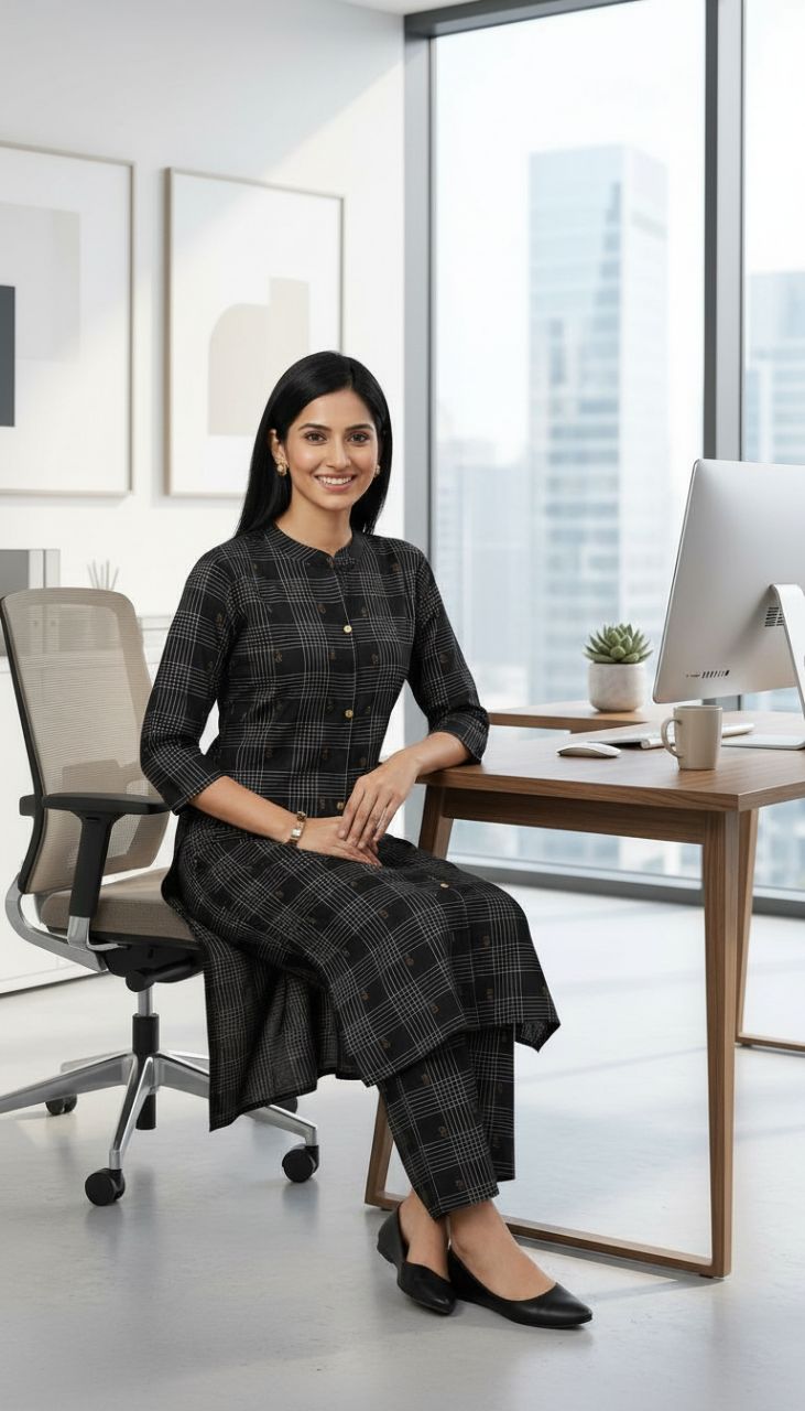 Fashnet Black Checkered Kurta Set view 3