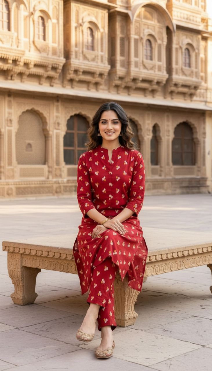 Printed Red Kurta Set 014 view 2