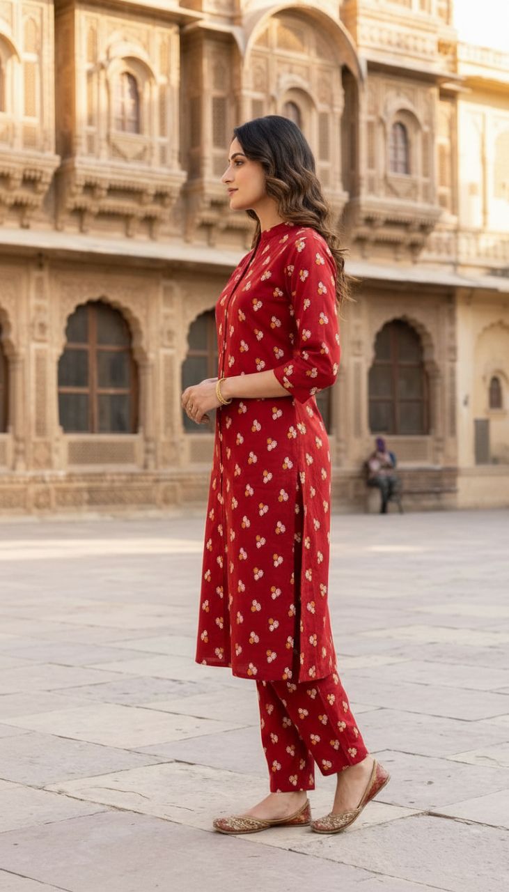Printed Red Kurta Set 014 view 4