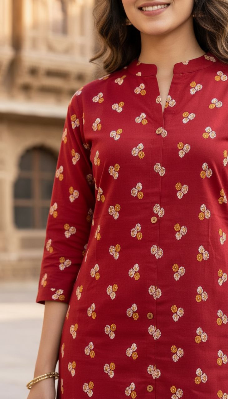 Printed Red Kurta Set 014 view 3