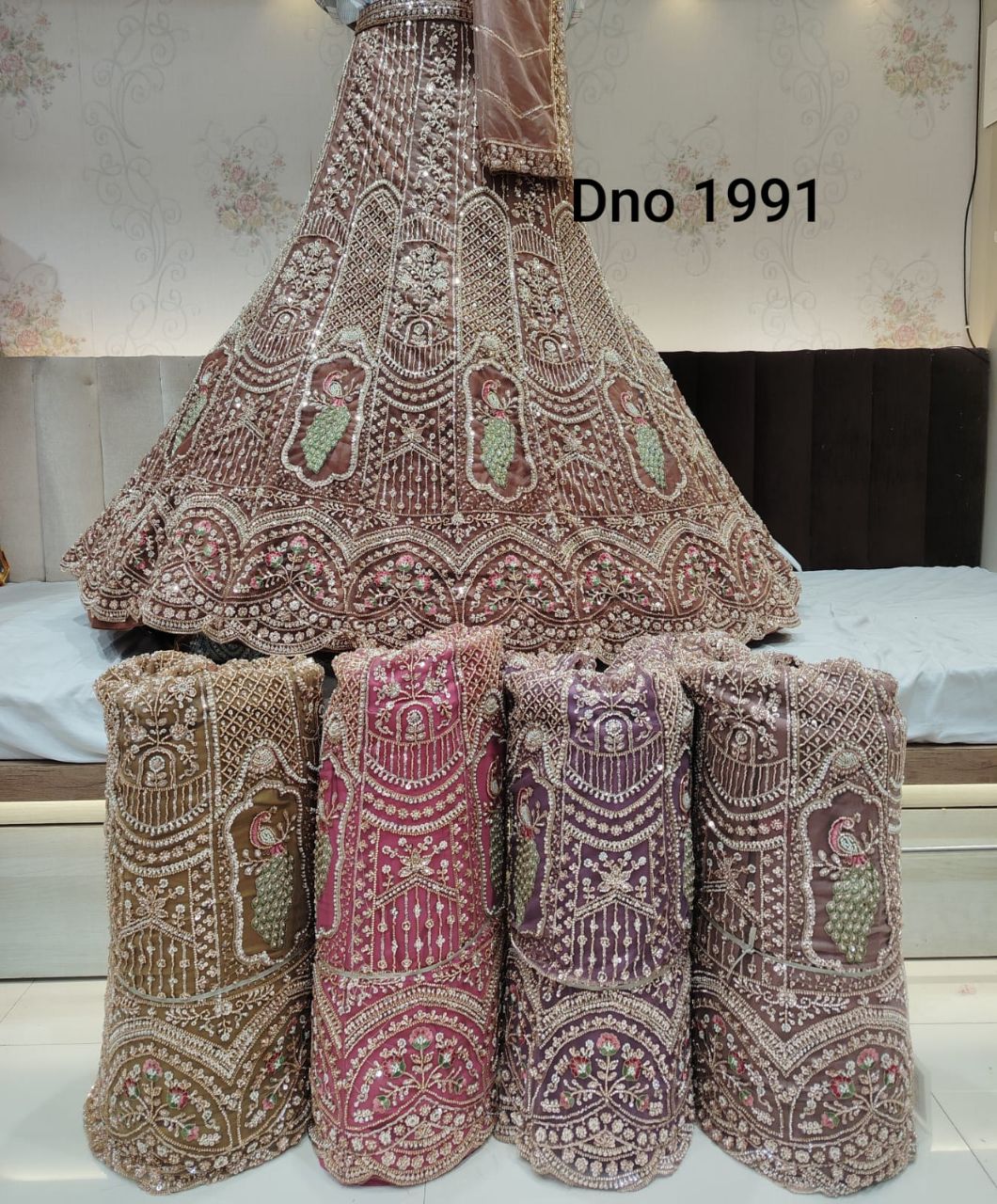 Scalloped Brownish Peacock Motif Designer Lehenga view 2