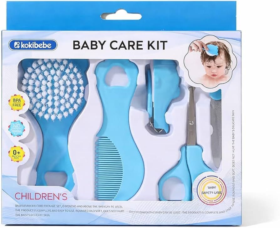 Baby Care Grooming Kit 6 in 1 Newborn Hygiene Set with Soft Brush Comb Nail Clipper Safety Scissors Nail File and Nasal Cleaner for Infants Toddlers - Blue