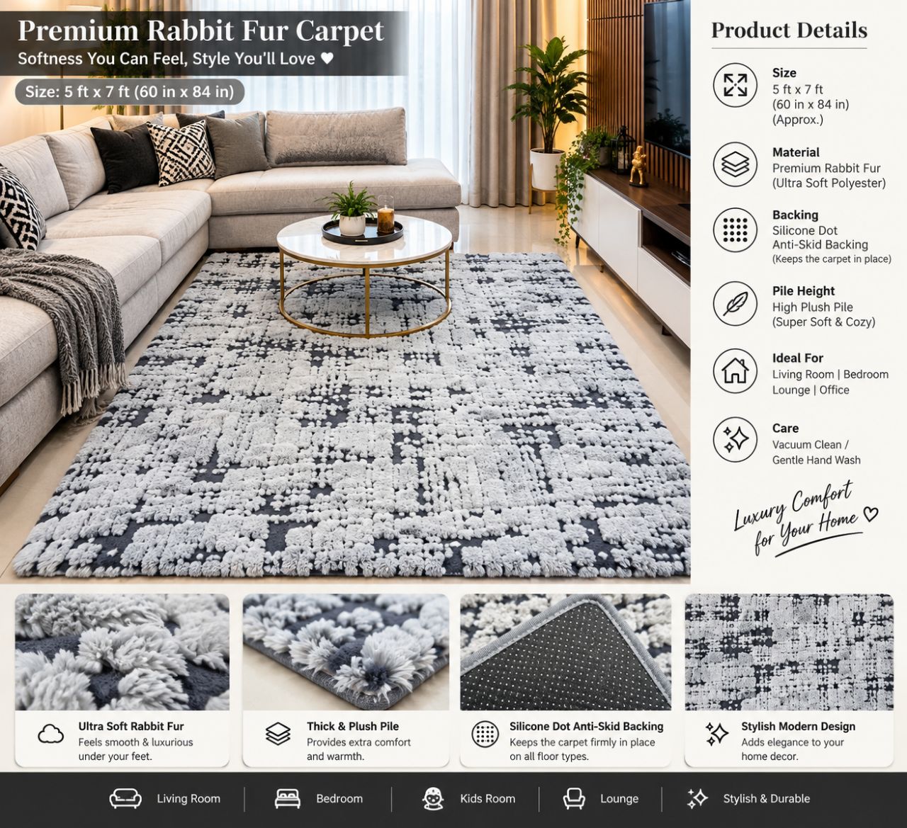 Premium Double Rabbit Fur Carpet (5 ft x 7 ft) view 4