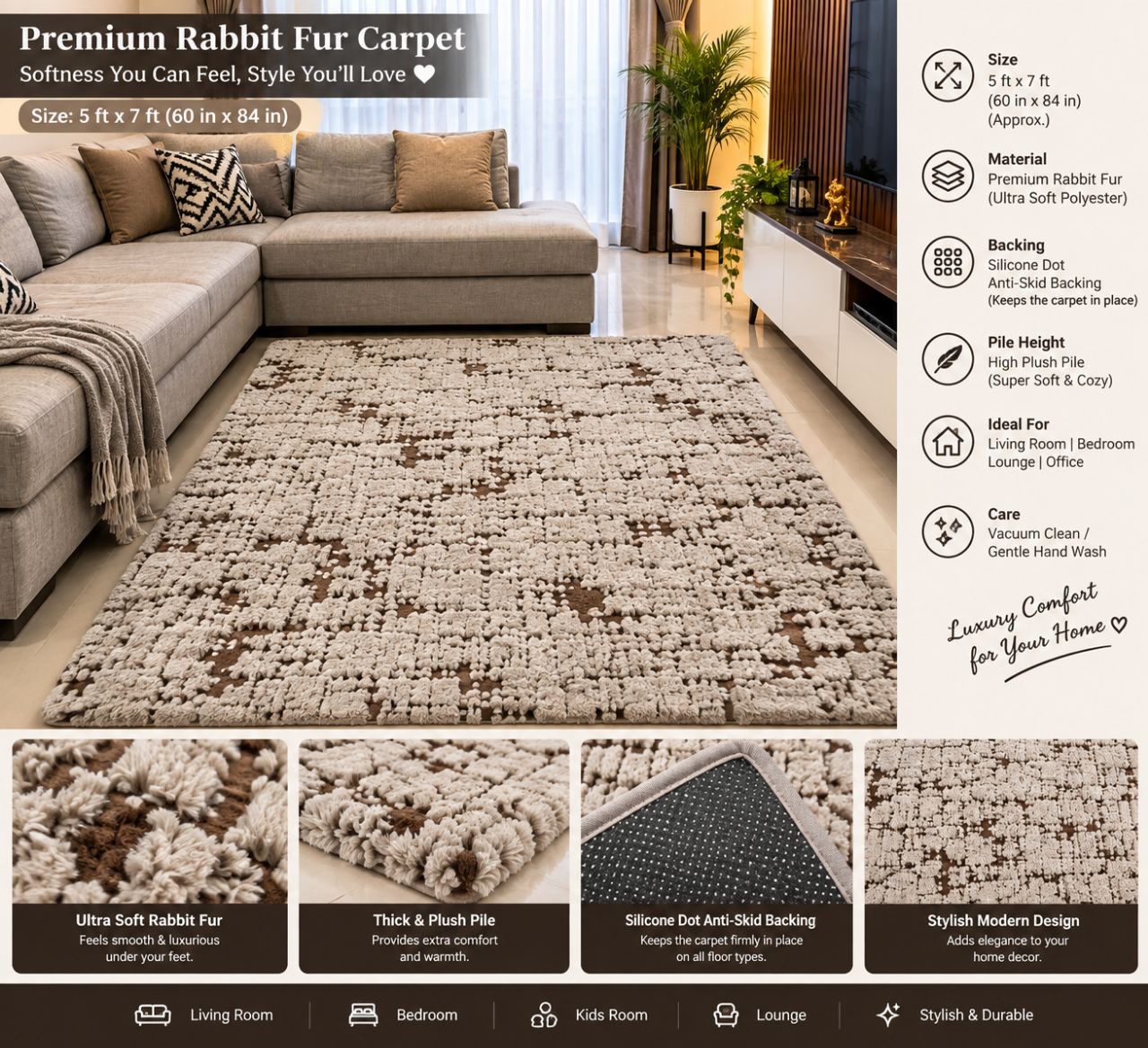 Premium Double Rabbit Fur Carpet (5 ft x 7 ft) view 2