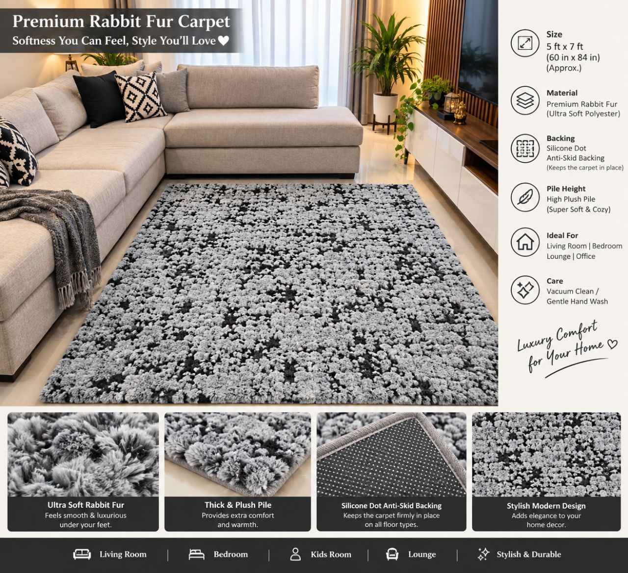 Premium Double Rabbit Fur Carpet (5 ft x 7 ft) view 3