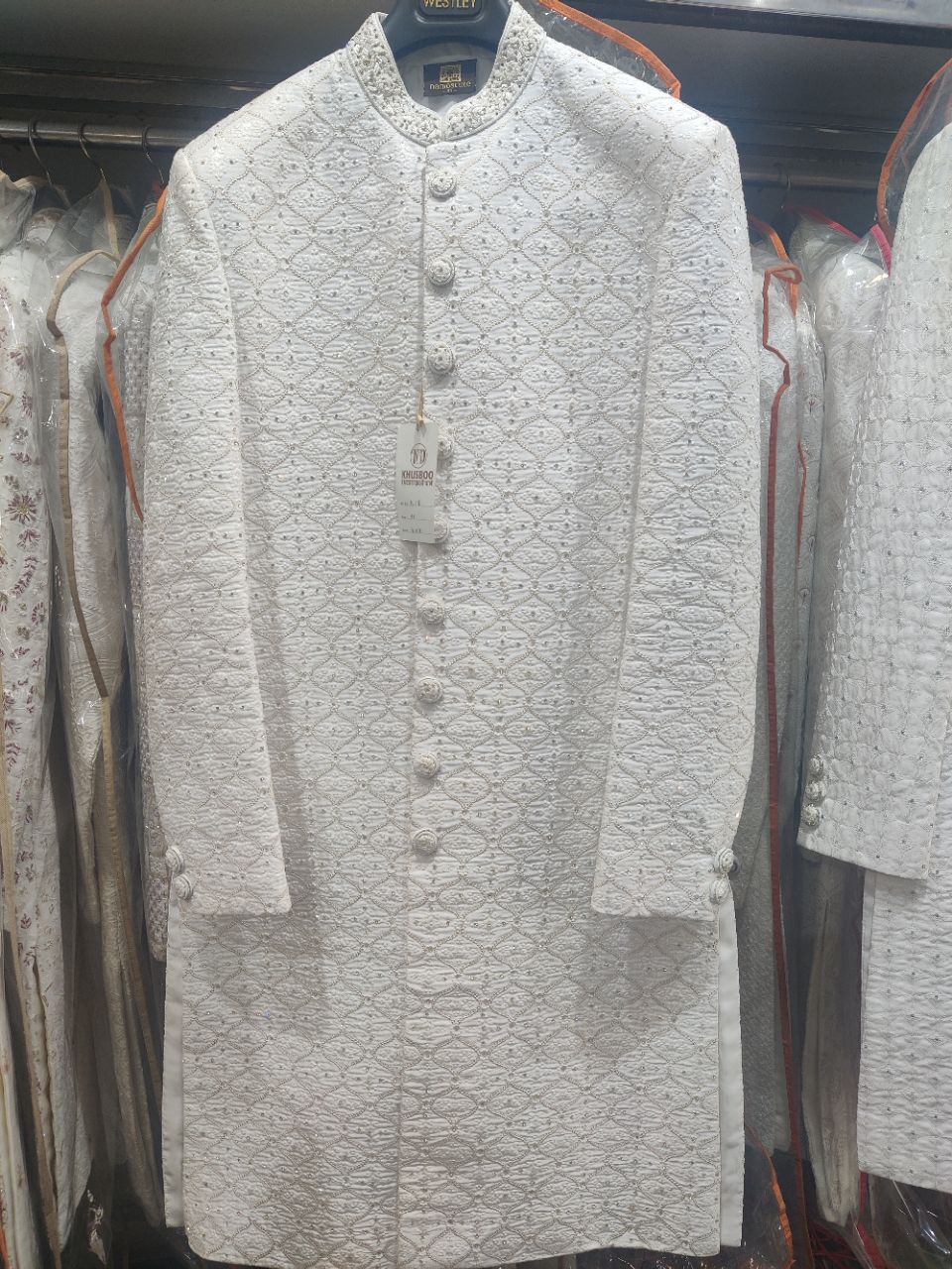 Embroidered White Sherwani view 2