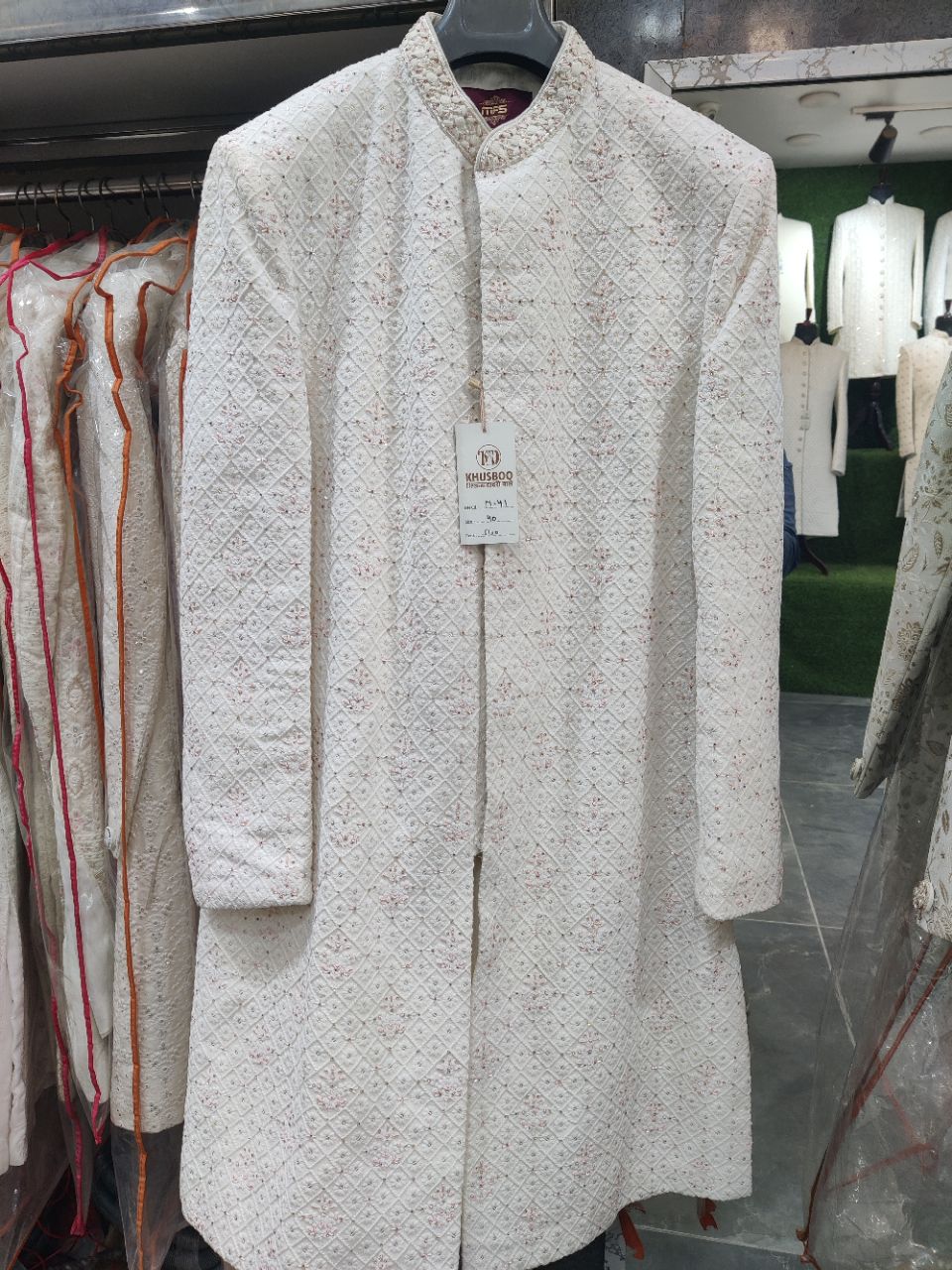Embroidered White Sherwani view 2