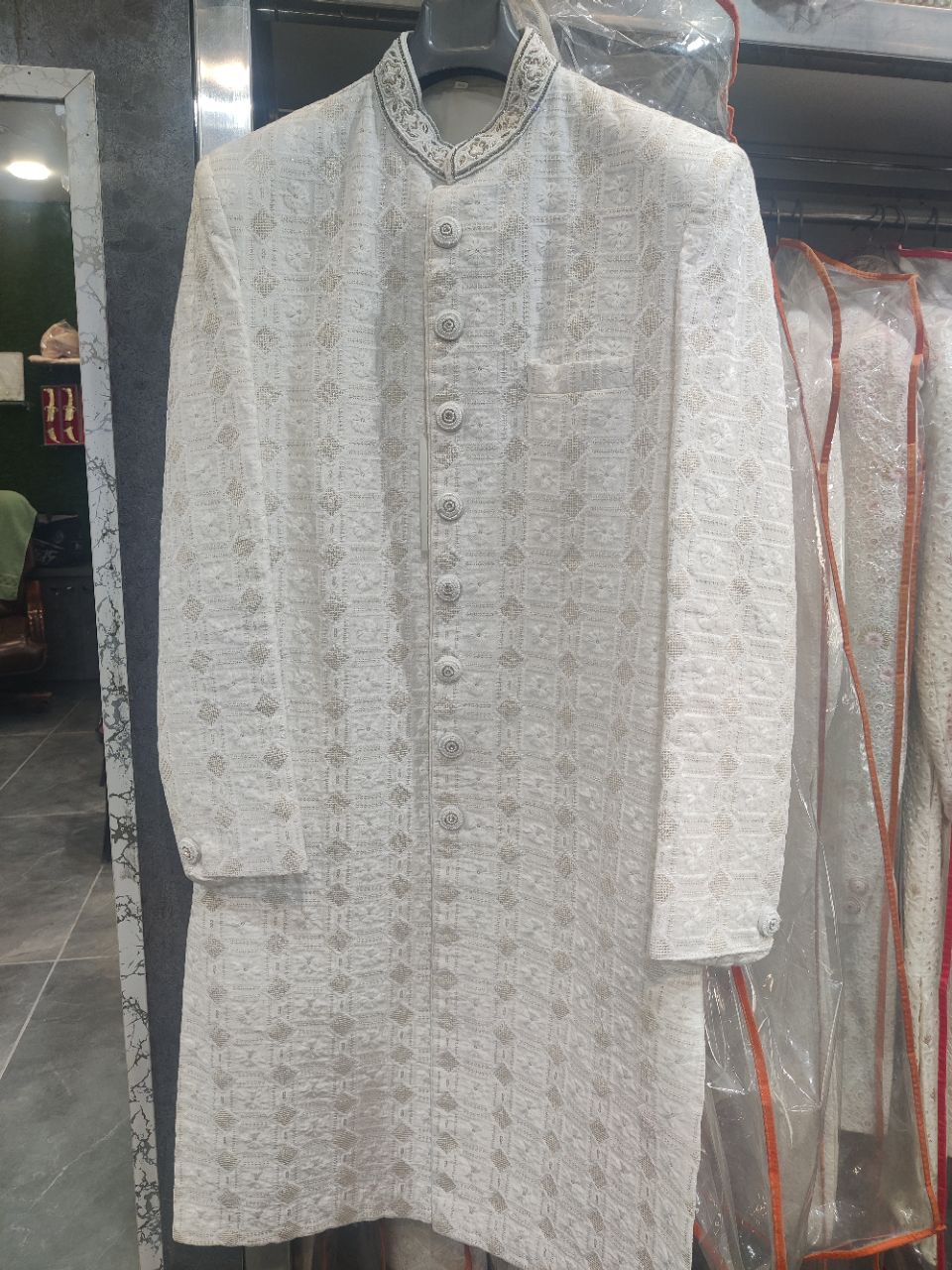 Embroidered White Sherwani view 2