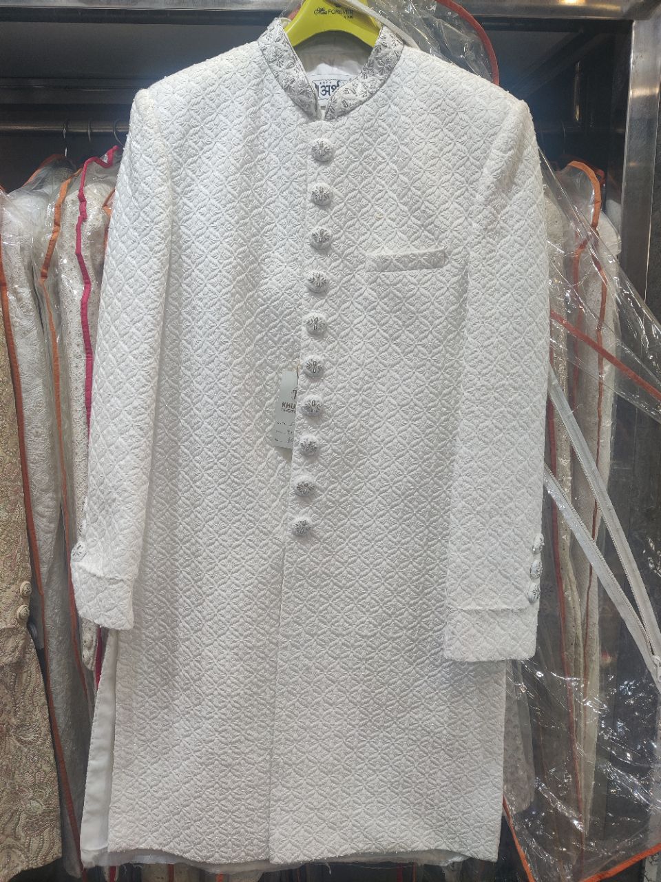 White Quilted Sherwani view 2