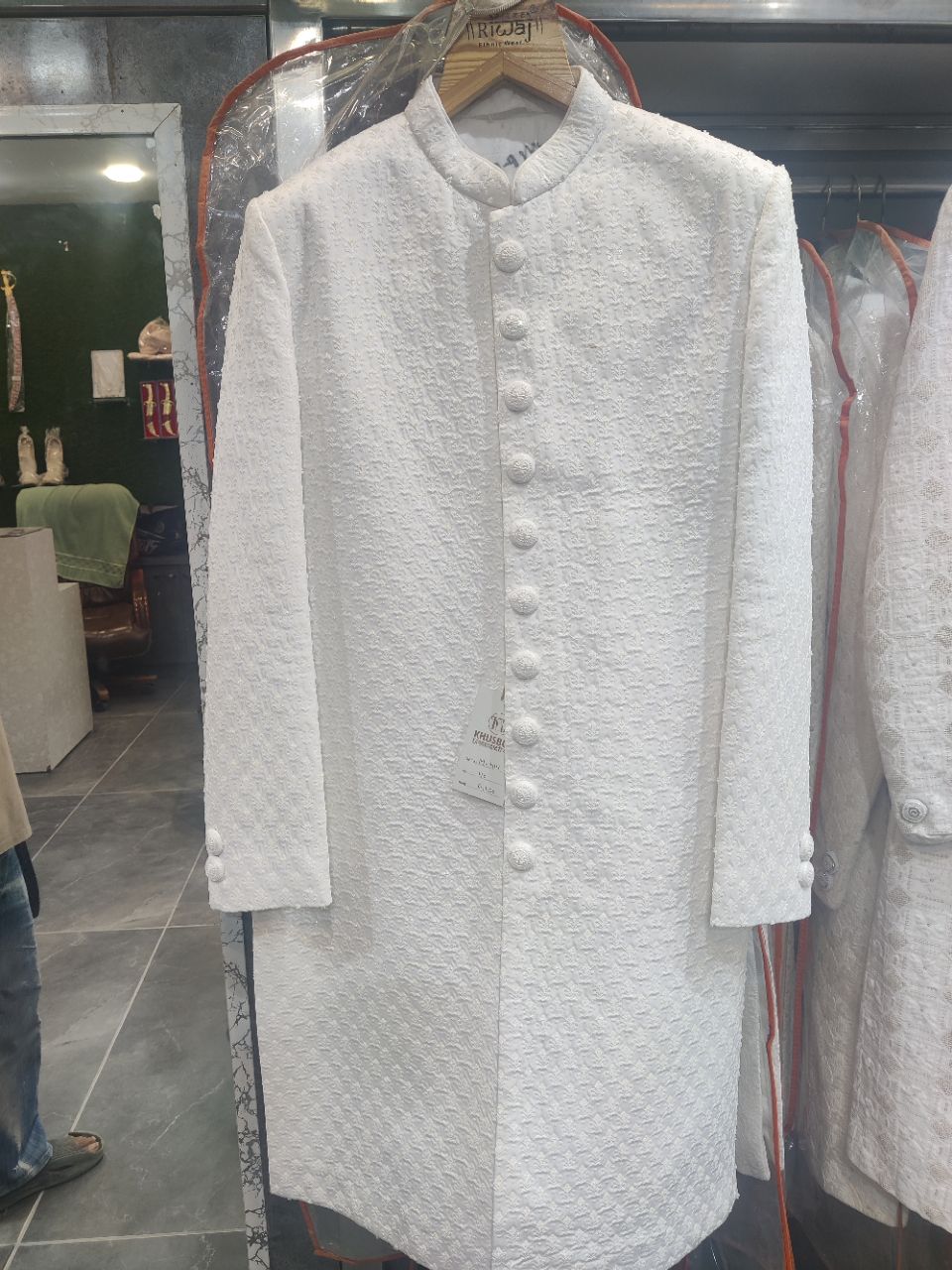 White Textured Sherwani view 2