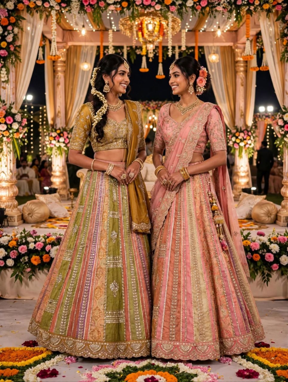 Multi Colour Panelled Rajwadi Banarsi Lehnga view 2