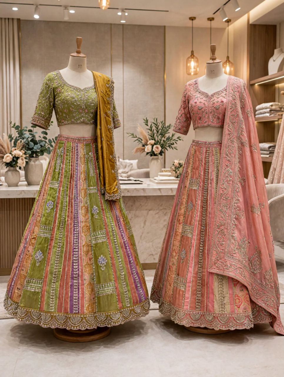 Multi Colour Panelled Rajwadi Banarsi Lehnga view 3