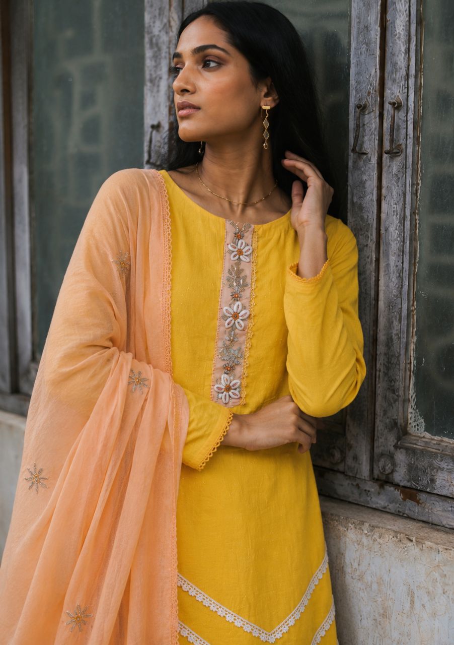 XL Haldi Yellow Cotton Dobby With Gotta Patti And Kodi Work view 2