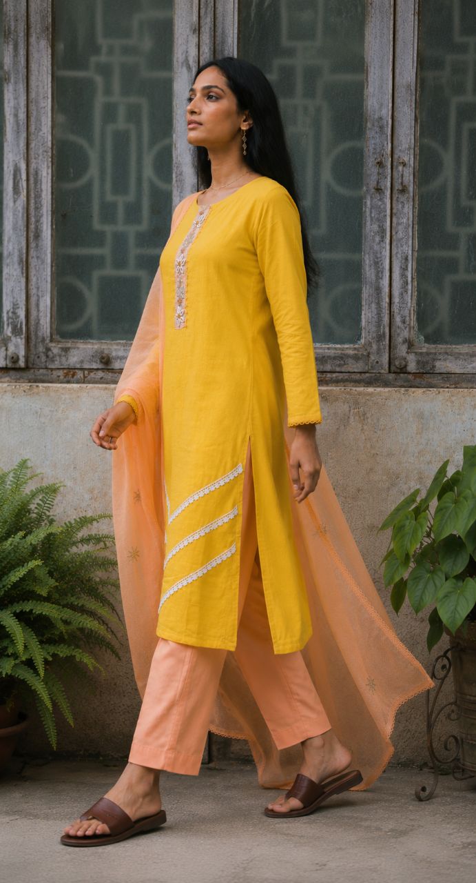 XL Haldi Yellow Cotton Dobby With Gotta Patti And Kodi Work view 3