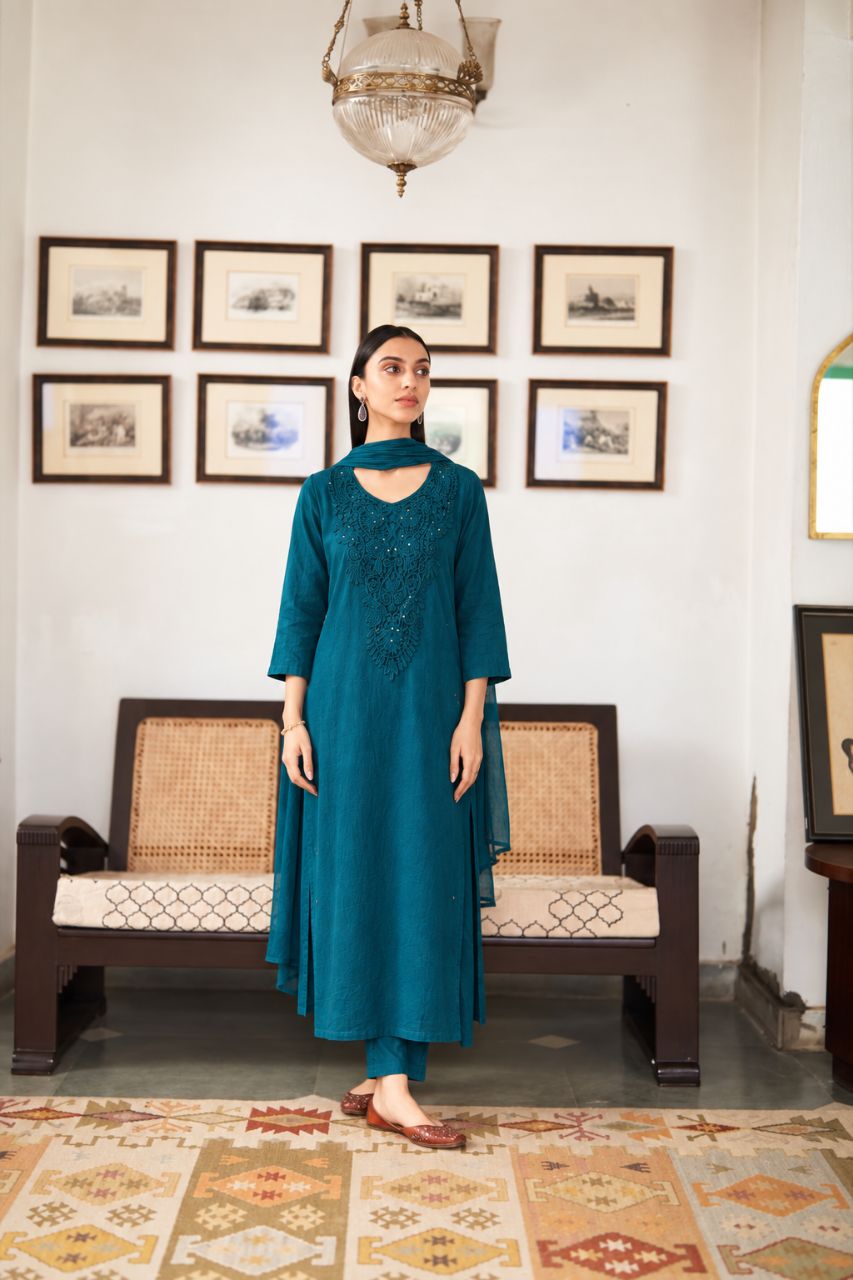 M Teal Blue Cotton Kurta Set With Cotton Lace Work view 2