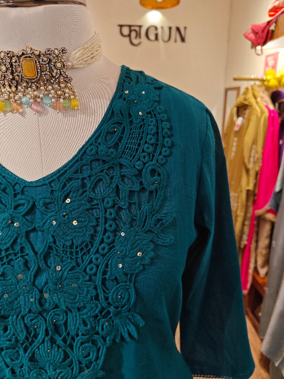 M Teal Blue Cotton Kurta Set With Cotton Lace Work view 5