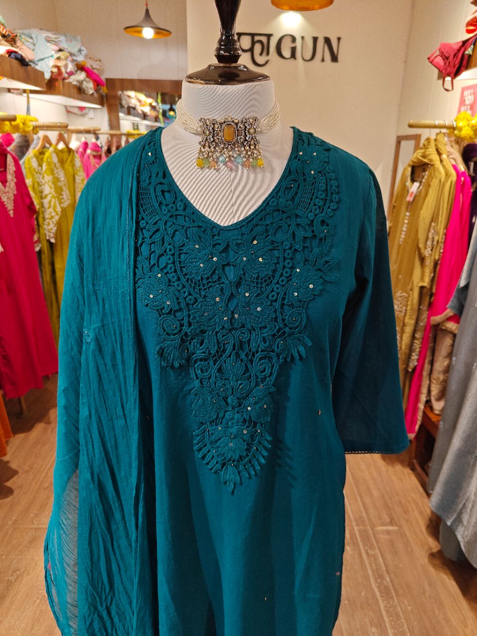 M Teal Blue Cotton Kurta Set With Cotton Lace Work view 4