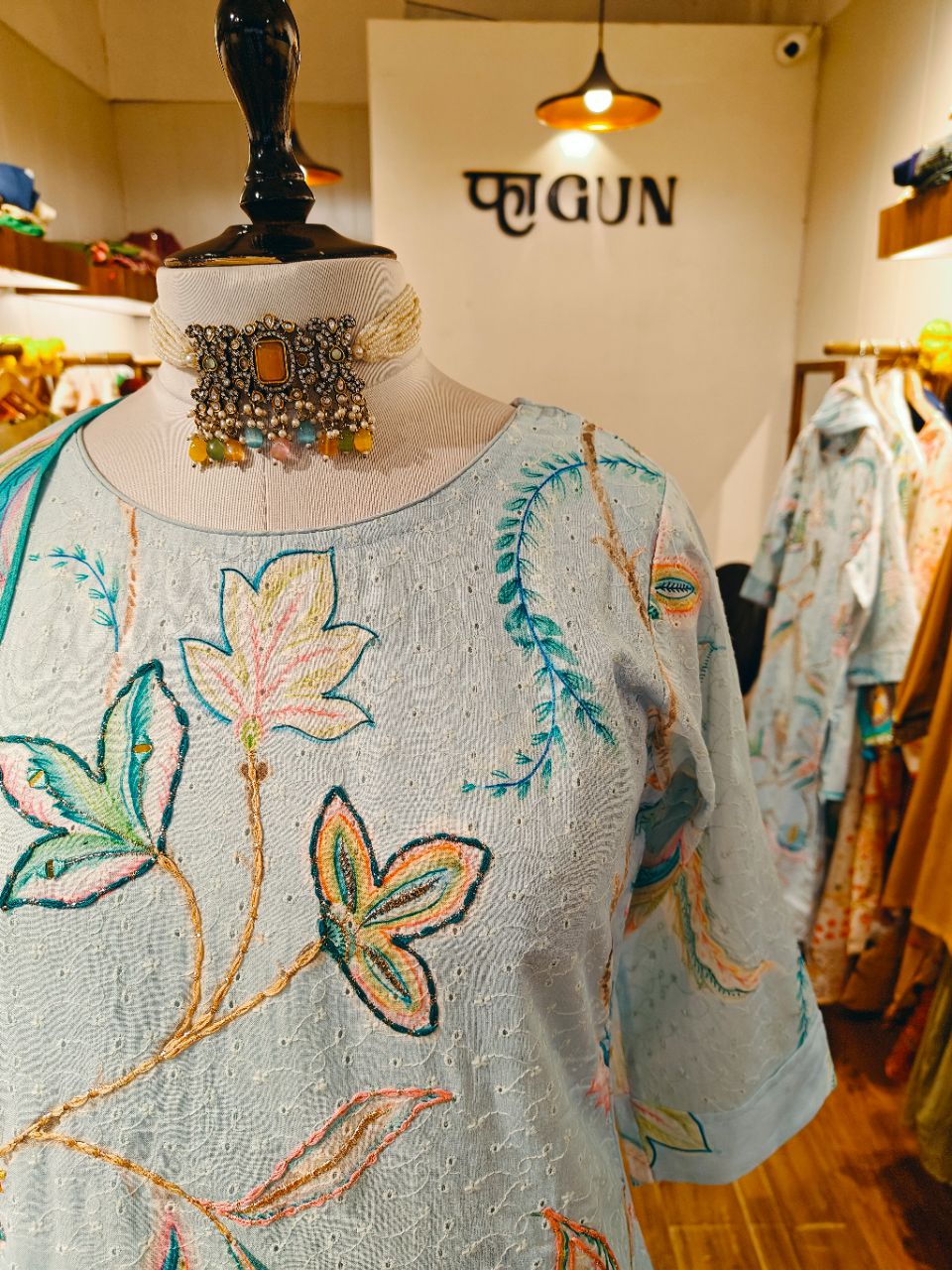 M Sky blue schiffli cotton kurta with floral print and lurex mix dori embroidery view 7
