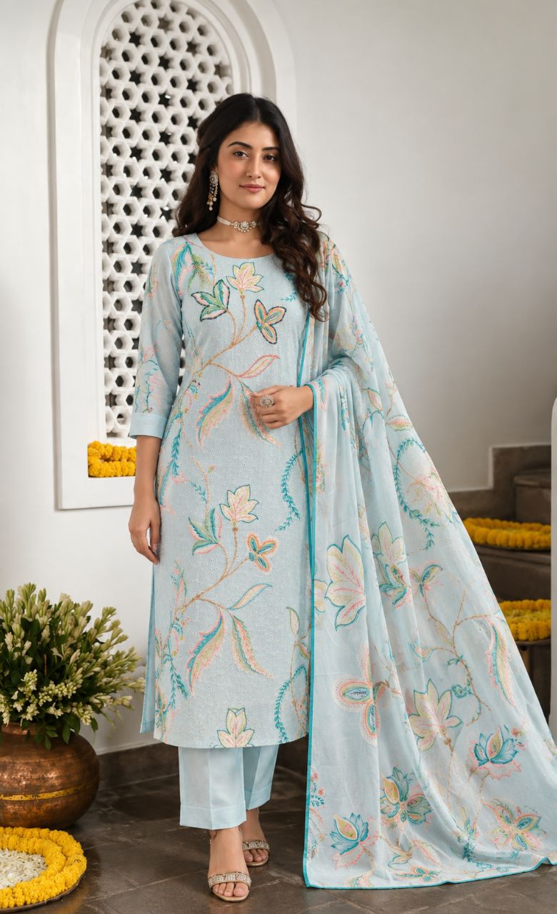 M Sky blue schiffli cotton kurta with floral print and lurex mix dori embroidery view 3