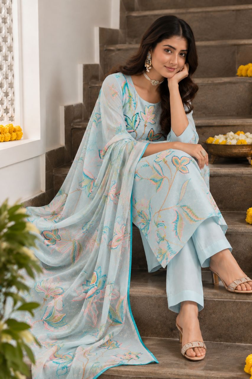 L Sky blue schiffli cotton kurta with floral print and lurex mix dori embroidery view 2