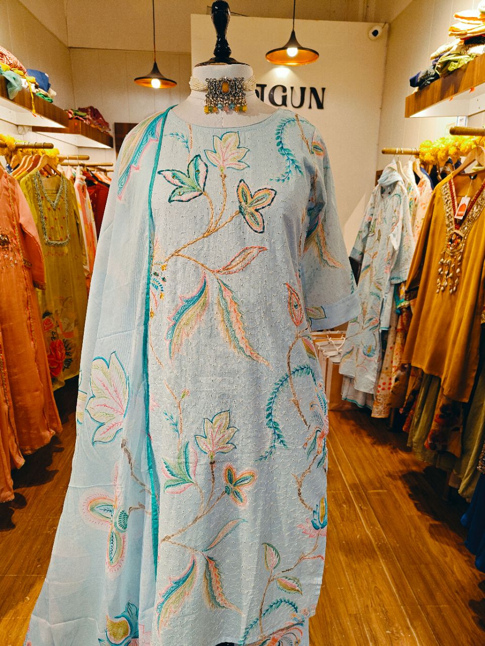 L Sky blue schiffli cotton kurta with floral print and lurex mix dori embroidery view 6