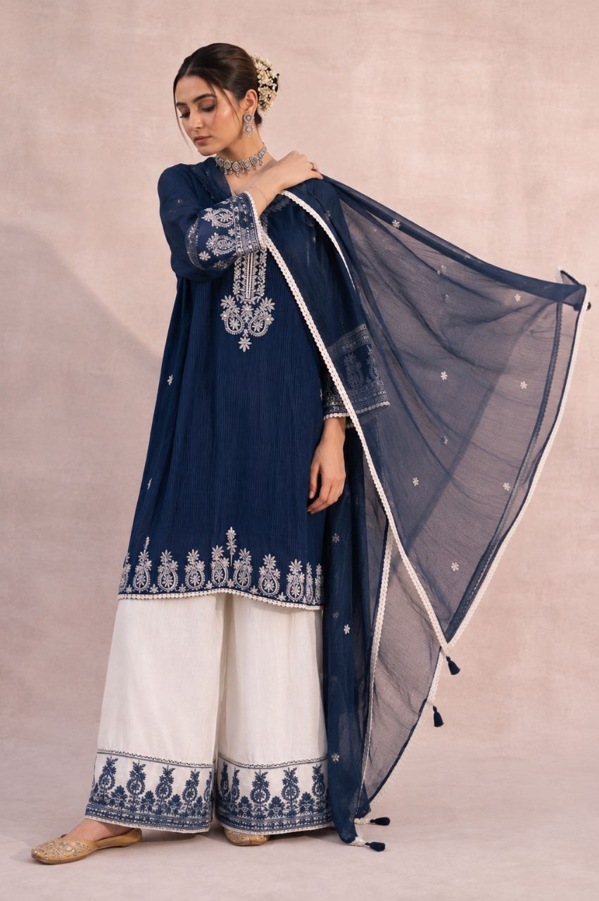 2XL Dark indigo blue cotton farshi kurta set with white embroidery