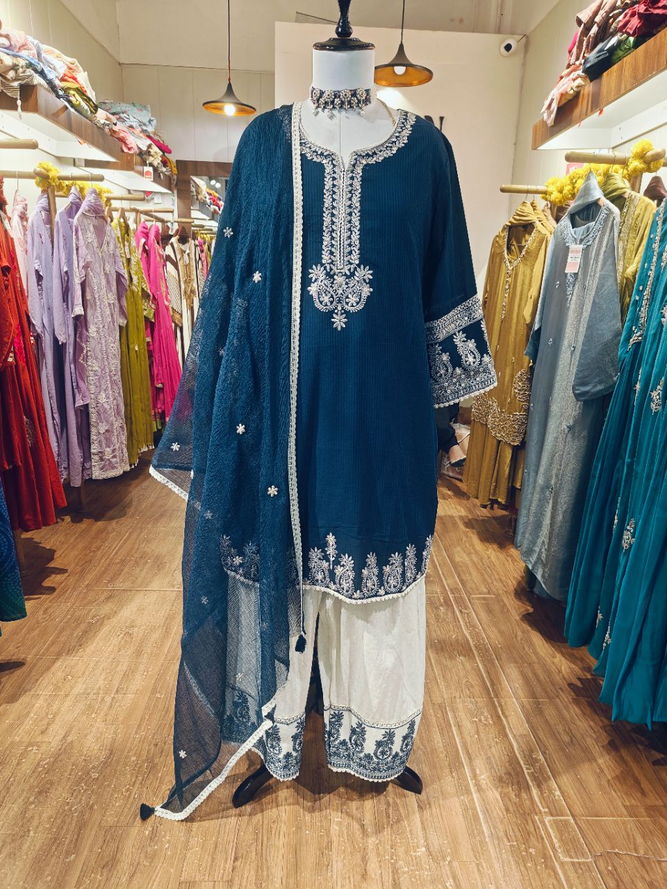 2XL Dark indigo blue cotton farshi kurta set with white embroidery view 5