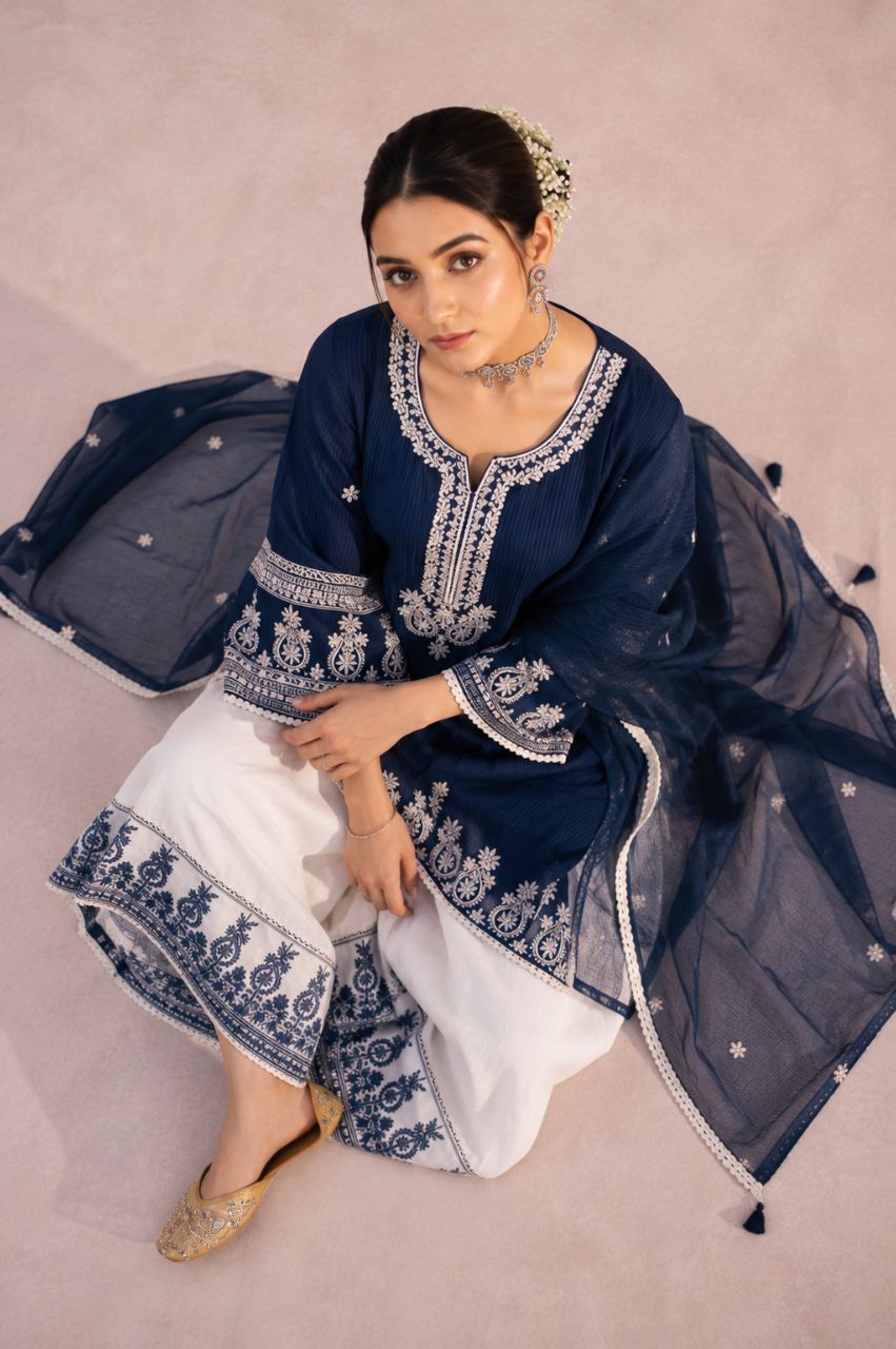2XL Dark indigo blue cotton farshi kurta set with white embroidery view 3