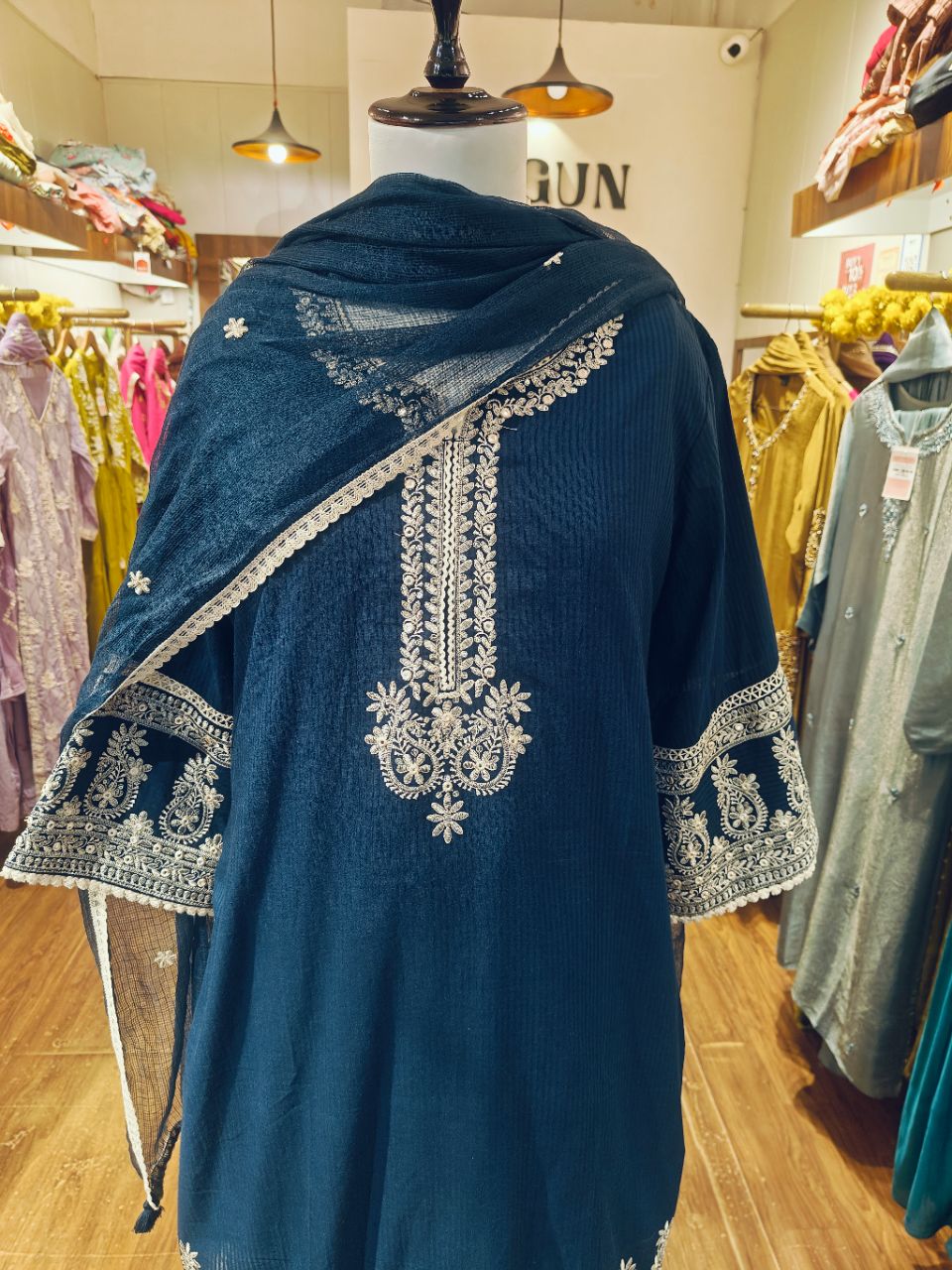 2XL Dark indigo blue cotton farshi kurta set with white embroidery view 4