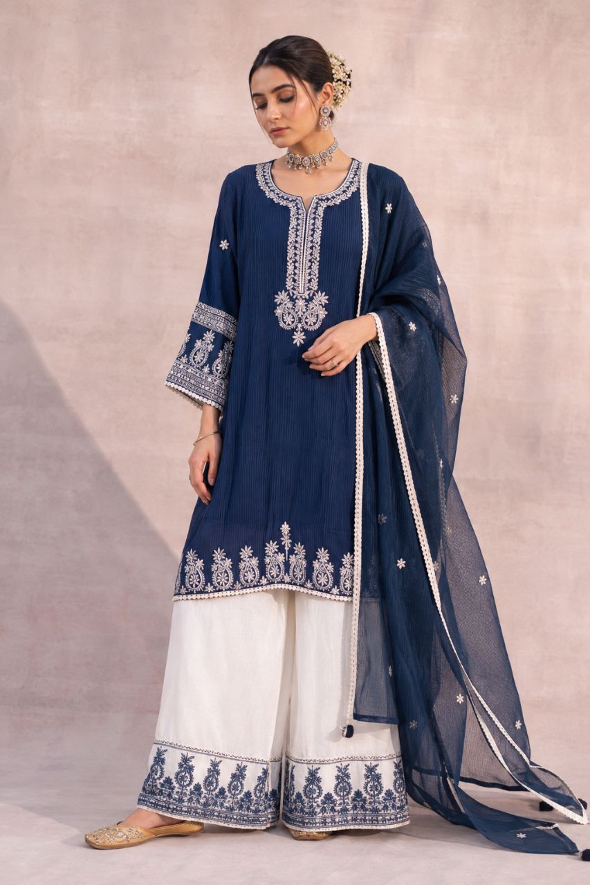 2XL Dark indigo blue cotton farshi kurta set with white embroidery view 2