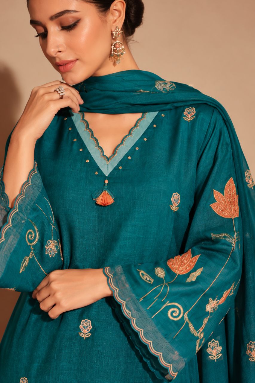 L Deep teal cotton kurta set with floral embroidery view 2