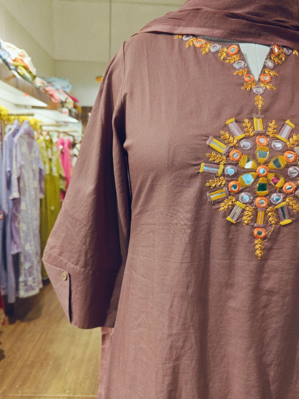 2XL Muted plum mul cotton kurta set with embroidery and mirror highlights view 6
