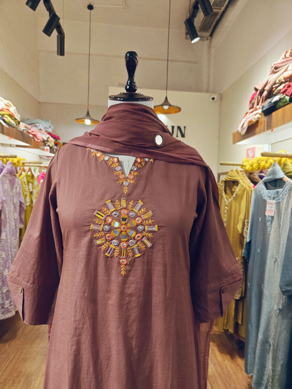 2XL Muted plum mul cotton kurta set with embroidery and mirror highlights view 5