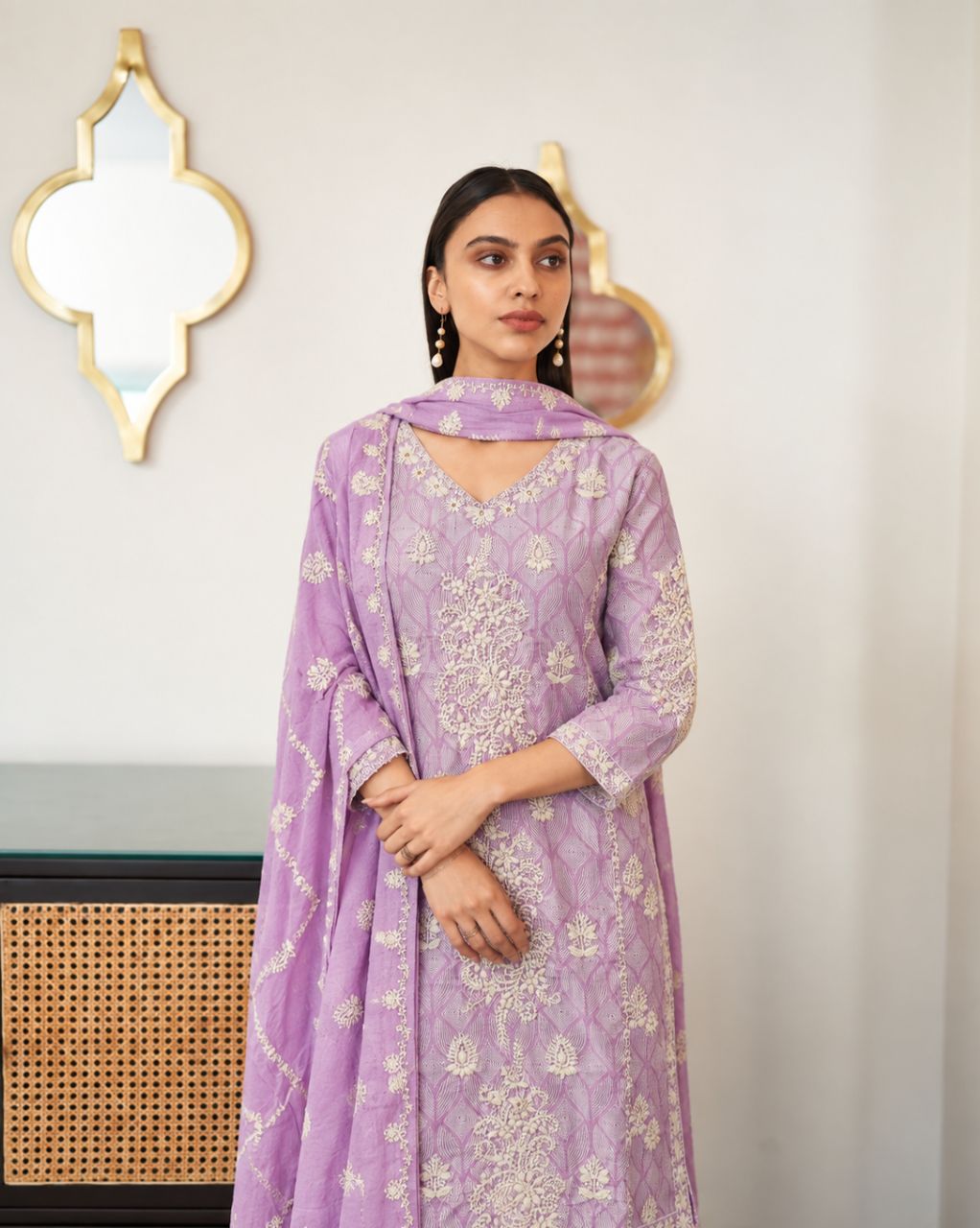 M Lavender printed cotton with all over chunky embroidery and sequin work view 2
