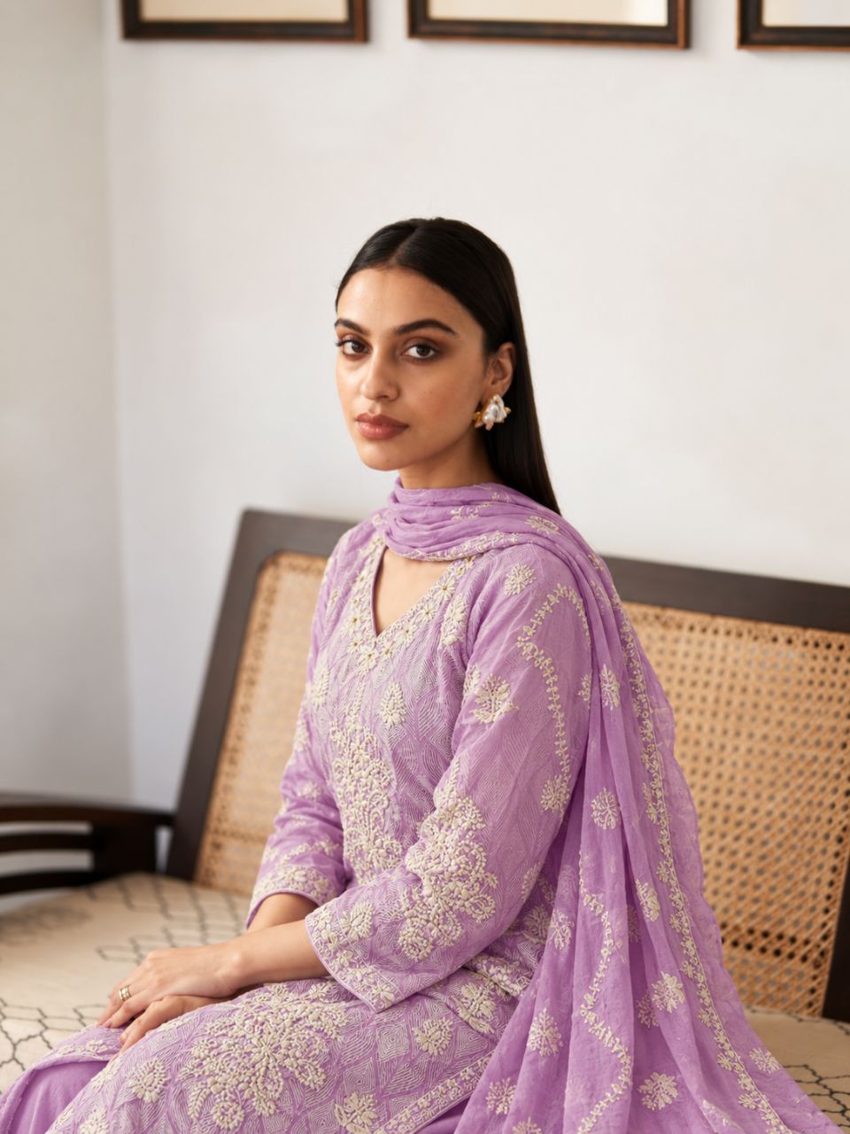 M Lavender printed cotton with all over chunky embroidery and sequin work view 3