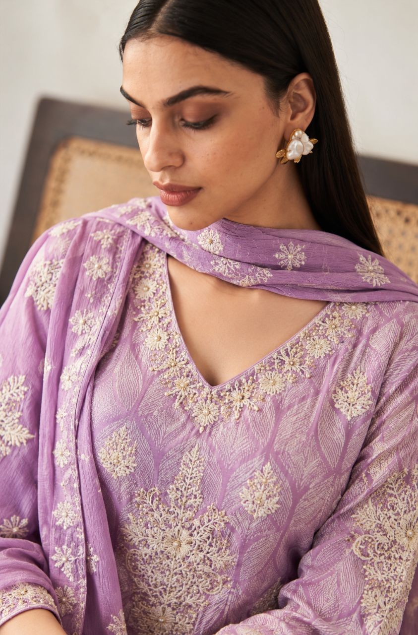 M Lavender printed cotton with all over chunky embroidery and sequin work view 4