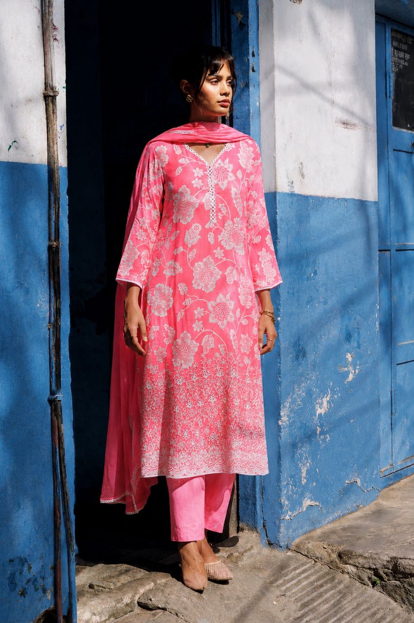L Bubble pink pure viscose kurta set view 2