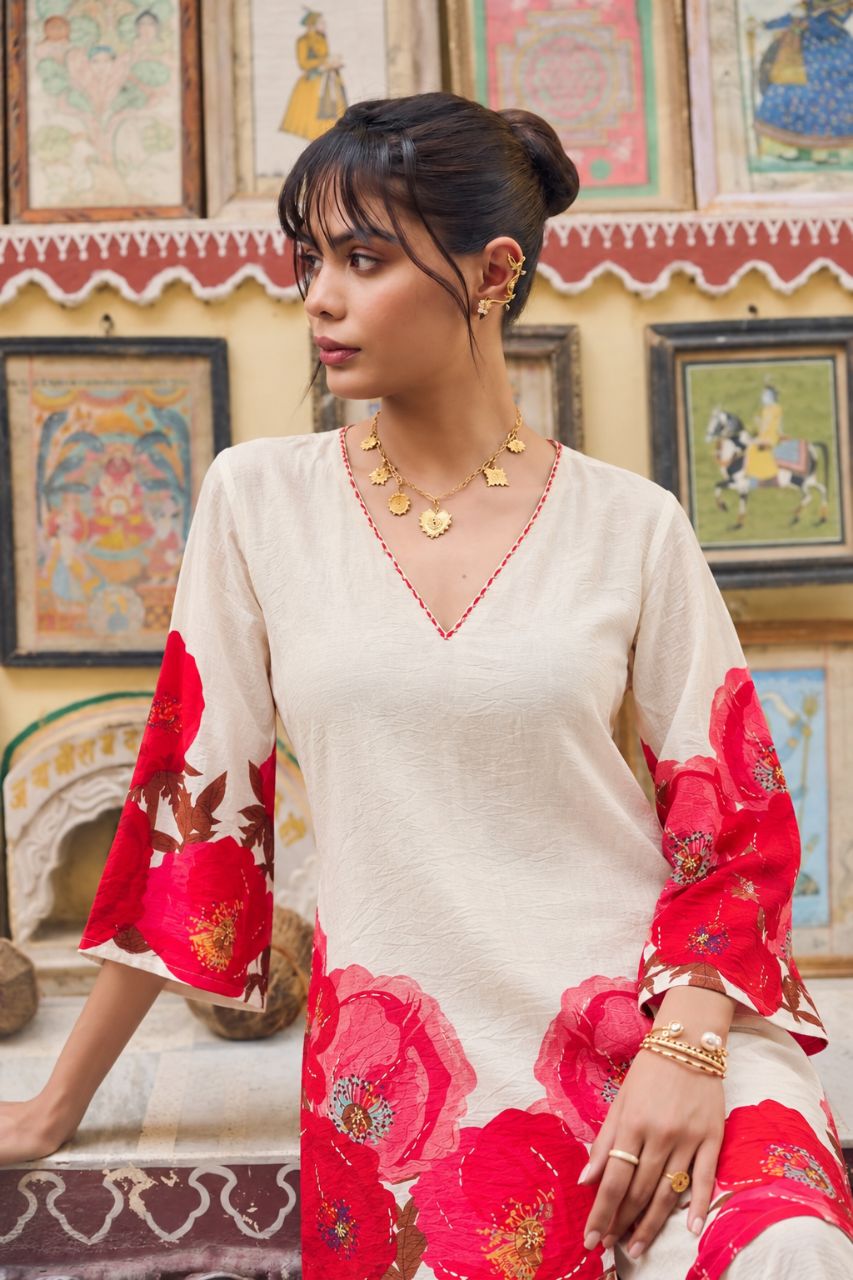 L Cream cotton satin with bold floral prints and sequin highlights view 3