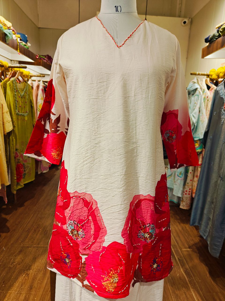 L Cream cotton satin with bold floral prints and sequin highlights view 5